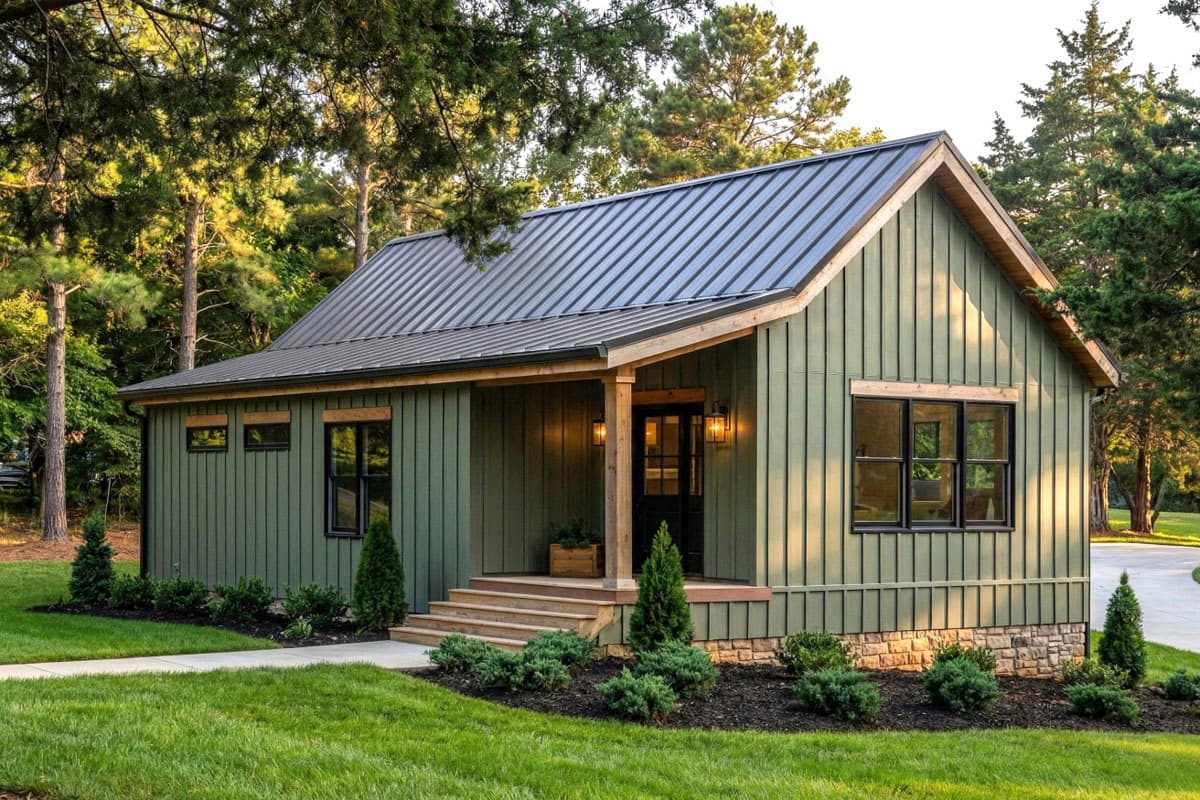 House plan exterior. Modern Farmhouse style with a single story, a metal roof, front porch, and board-and-batten siding.